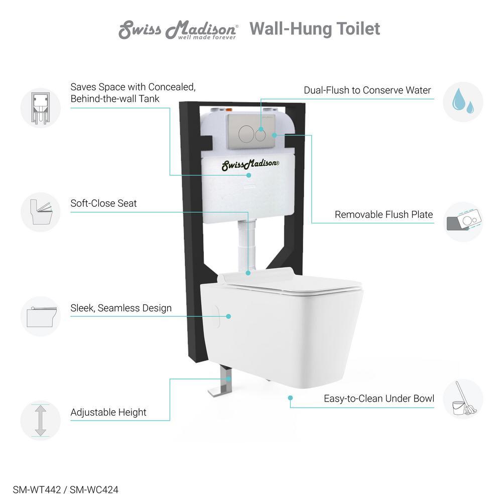 0.8/1.28 GPF Concorde Wall Hung Square Dual Flush Elongated Toilet Bowl in White