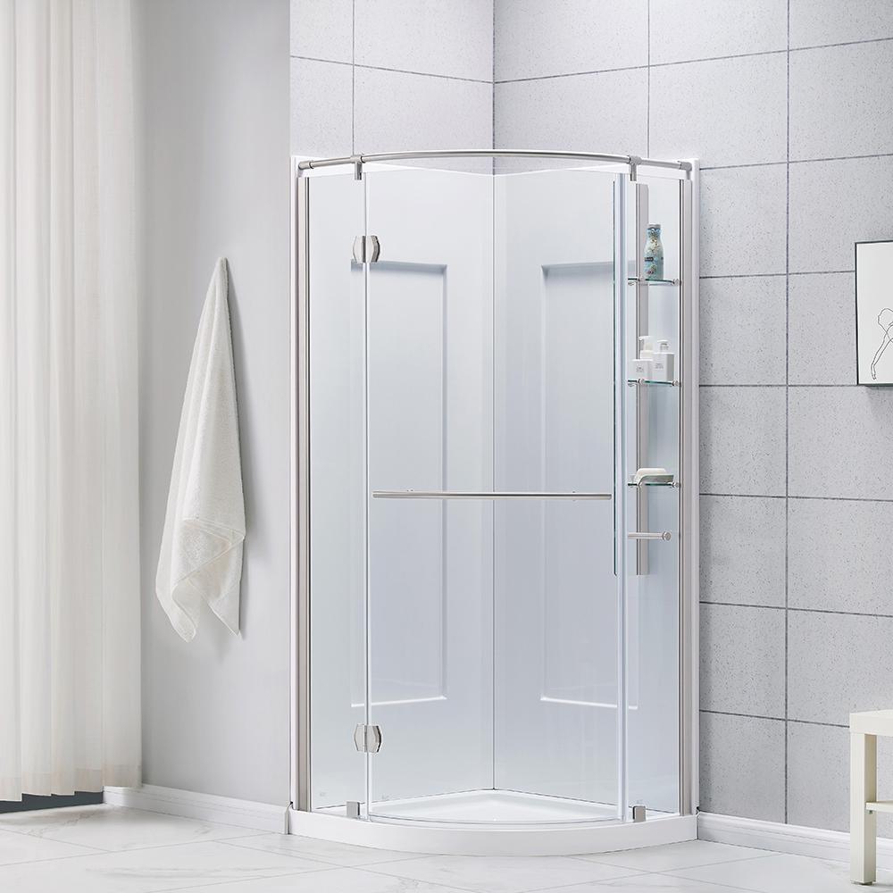 Glamour 34 in. x 76.40 in. Corner Drain Corner Shower Kit in Satin Nickel and White - Super Arbor