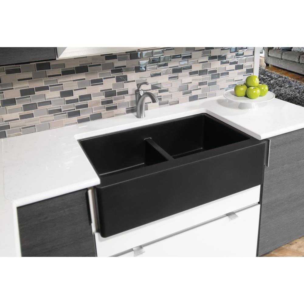 Farmhouse Apron Front Quartz Composite 34 in. Double Bowl Kitchen Sink in Black - Super Arbor