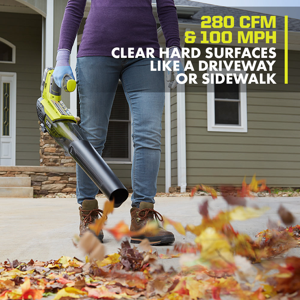 RYOBI Reconditioned ONE+ 18V Cordless Leaf Blower, 100 MPH, 280 CFM with 4.0 Ah Battery & Charger
