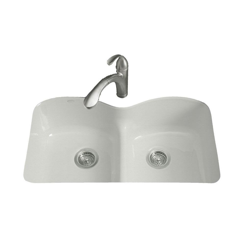 Langlade Smart Divide Undermount Cast Iron 33 in. 6-Hole Double Bowl Kitchen Sink in White - Super Arbor