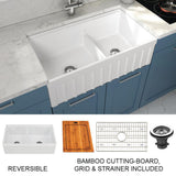 Yorkshire Farmhouse Fireclay 33 in. 55/45 Double Bowl Kitchen Sink with Cutting-Board, Grid and Strainer in White - Super Arbor