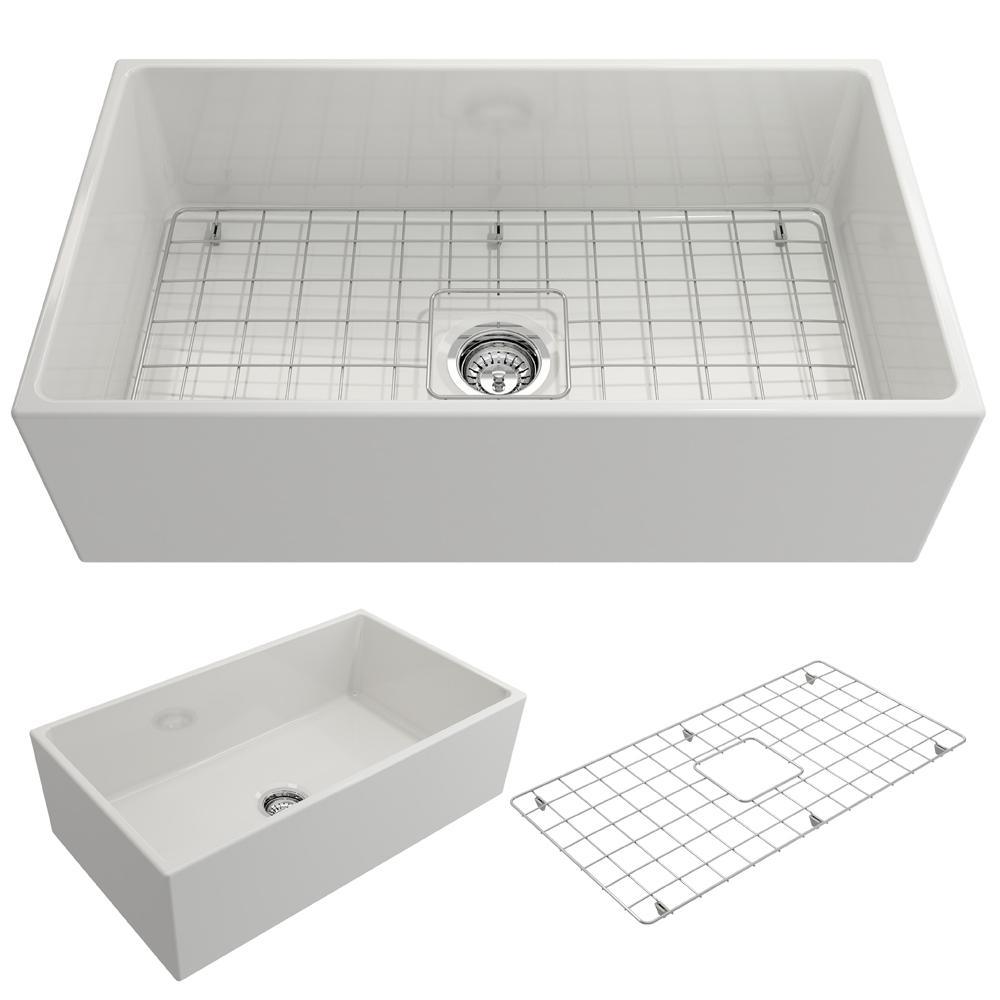 Contempo Farmhouse Apron Front Fireclay 27 in. Single Bowl Kitchen Sink with Bottom Grid and Strainer in White - Super Arbor
