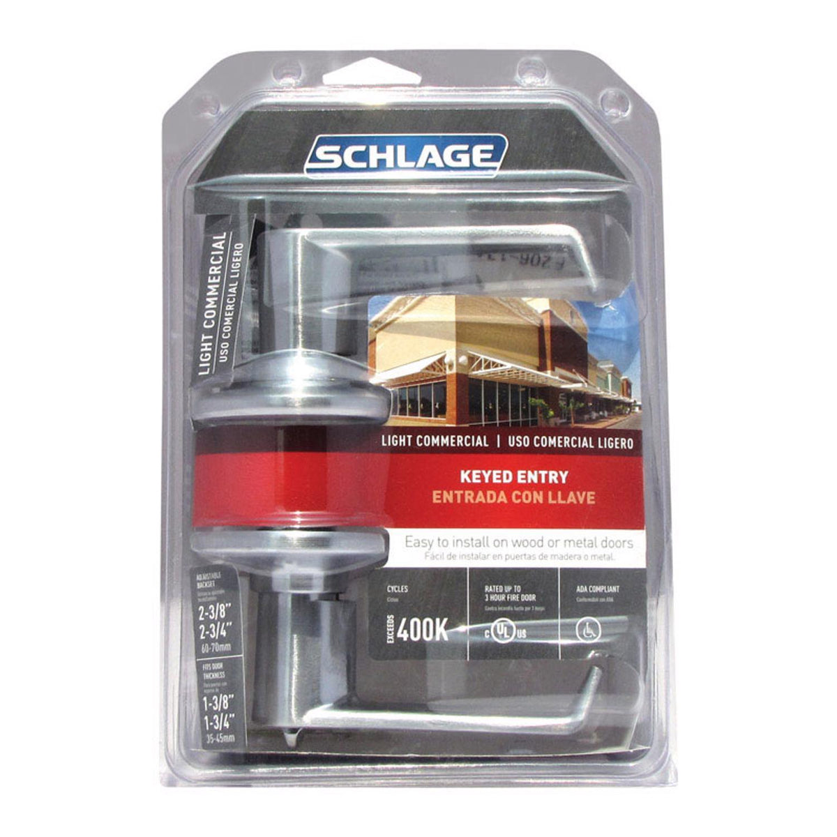 Schlage Elan Satin Chrome Keyed Entry Lever Lockset, ANSI Grade 2, 1-3/4 in Door Thickness