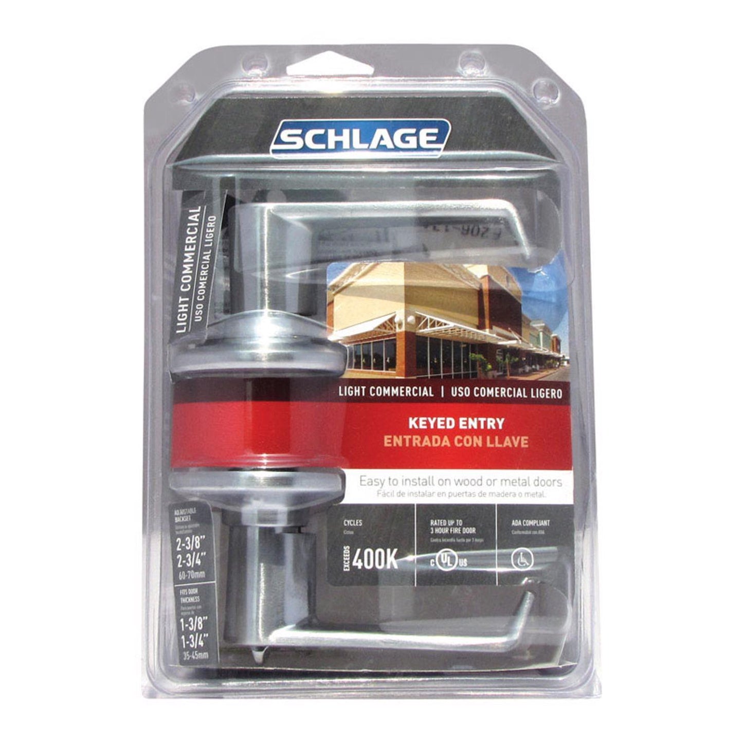 Schlage Elan Satin Chrome Keyed Entry Lever Lockset, ANSI Grade 2, 1-3/4 in Door Thickness