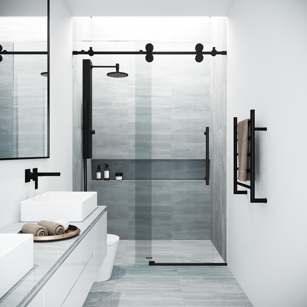 Elan 60 to 64 in. x 74 in. Frameless Sliding Shower Door in Stainless Steel with Clear Glass and Handle - Super Arbor