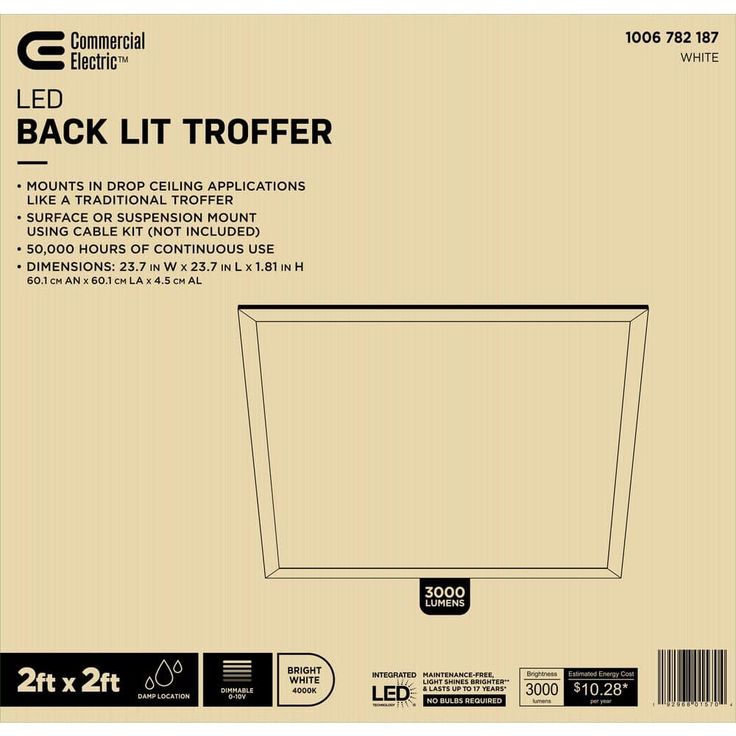 Commercial Electric 2 ft. x 2 ft. White Integrated LED Flat Panel Troffer Light Fixture at 3000 Lumens, 4000K Bright White