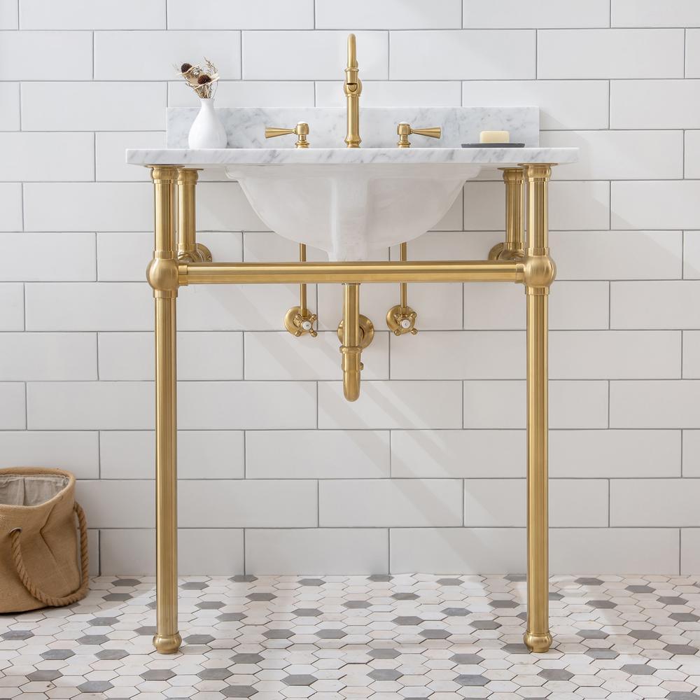 Embassy 30 in. Brass Wash Stand with Satin Brass P-Trap Kit, Marble Counter Top, and White Basin - Super Arbor