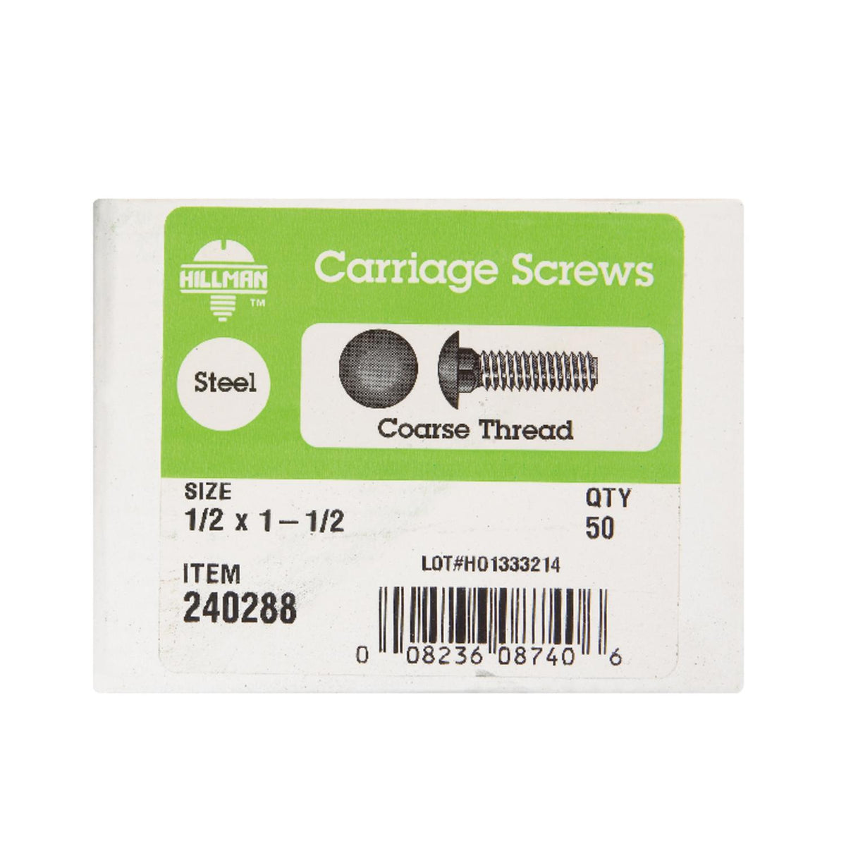 Hillman 1/2 in. x 1-1/2 in. Zinc-Plated Steel Carriage Bolt, Coarse Thread, 50-Pack