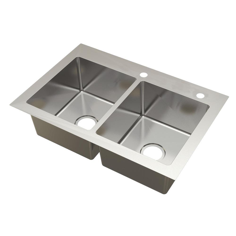 All-in-One Dual Mount Stainless Steel 33 in. 2-Hole 50/50 Double Bowl Kitchen Sink in Brushed Finish - Super Arbor