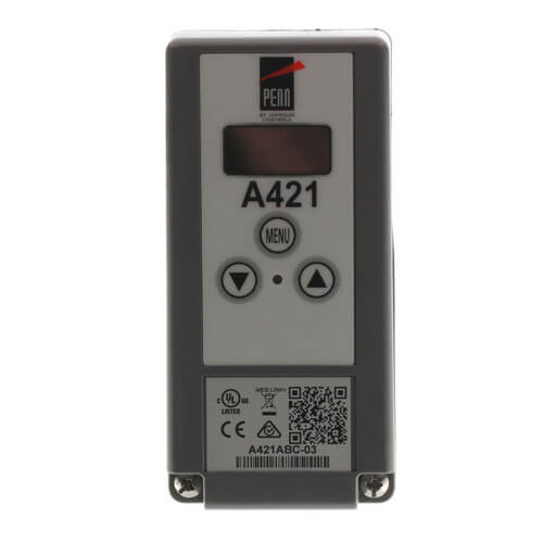Johnson Controls A421ABC-03C temperature controller - label view (Product Type: Temperature Control; Voltage: 120v)