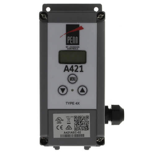 Johnson Controls A421AEC-02C temperature controller - front view (Product Type: Temperature Control; Voltage: 120/240V)
