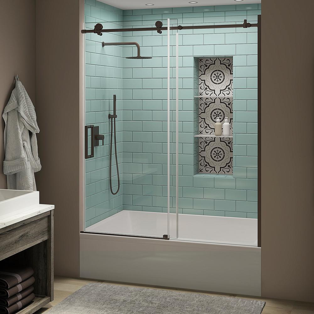 Coraline XL 56 - 60 in. x 70 in. Frameless Sliding Tub Door with StarCast Clear Glass in Stainless Steel, Left Opening - Super Arbor