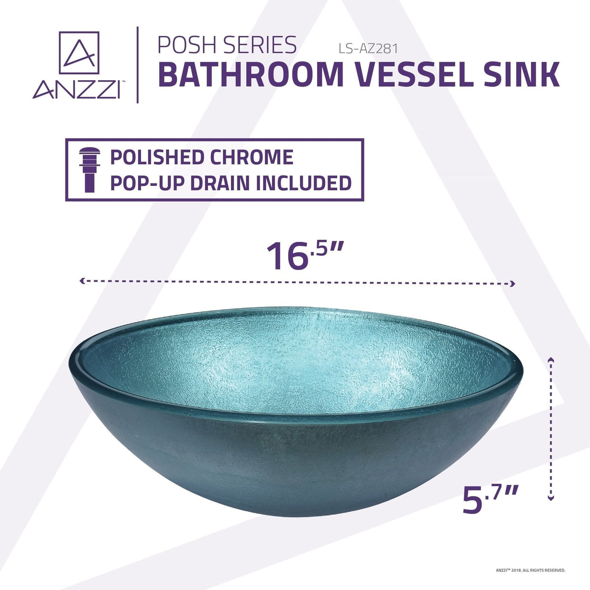 ANZZI Posh Series Deco-Glass Vessel Sink in Coral Blue, 16.5 in. Diameter