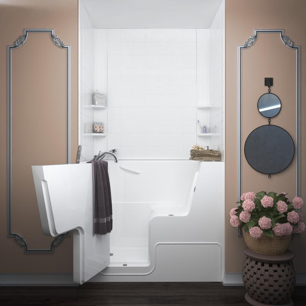NOVA Heated Wheelchair Accessible 4.5 ft. walk-in bathtub with 6 in. Tile Easy Up Adhesive Wall Surround in White - Super Arbor
