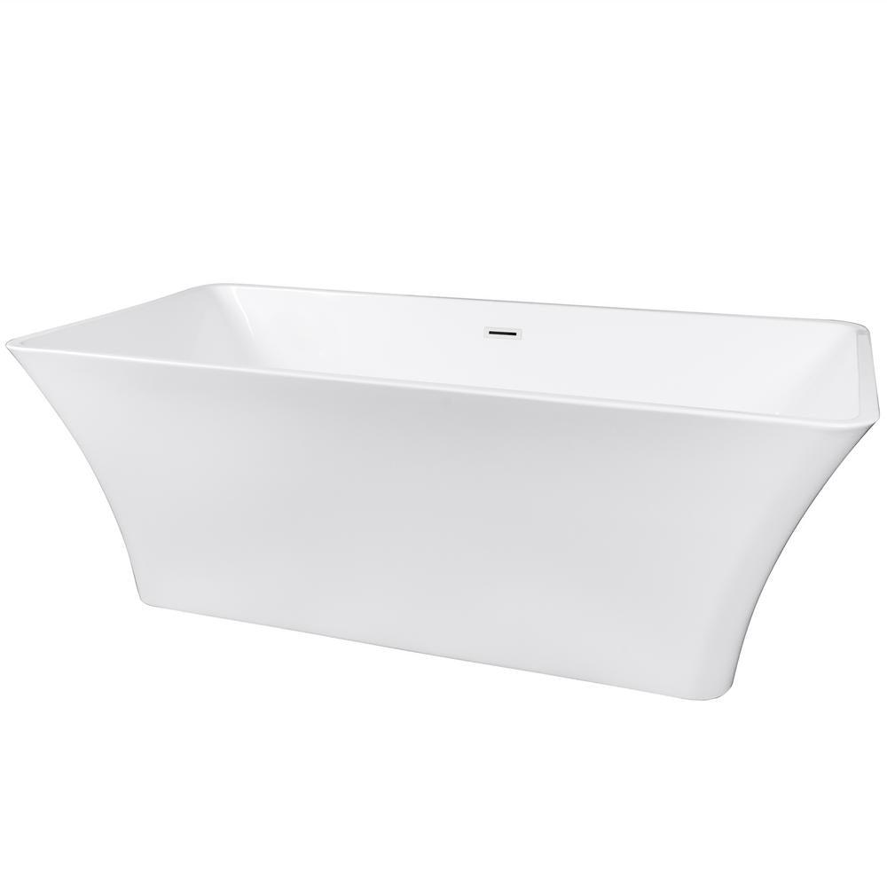 66.93 in. Acrylic Center Drain Rectangular Double Ended Flatbottom Freestanding Bathtub in White - Super Arbor