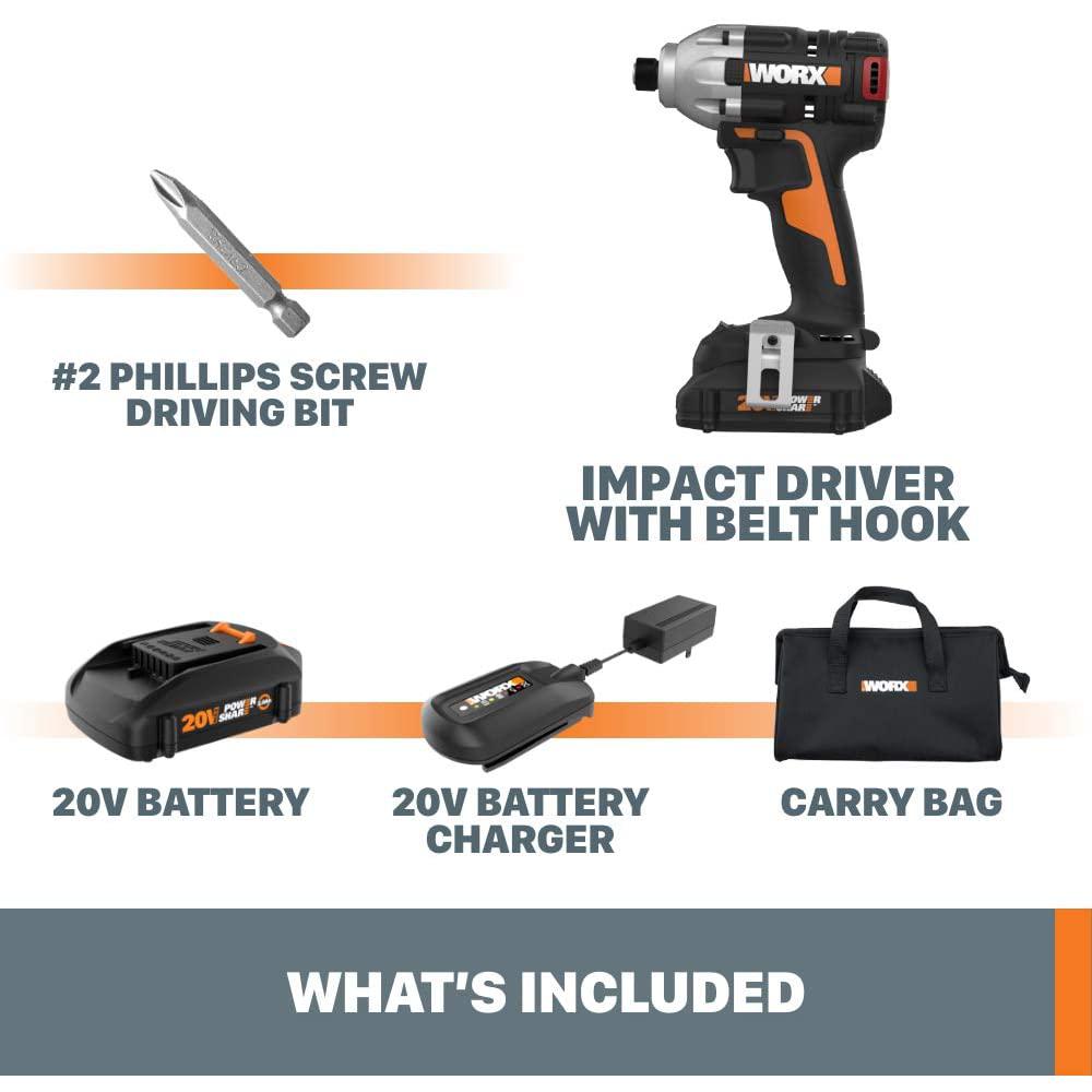 Worx POWER SHARE 20-Volt Cordless and Brushless Multi-Speed 1/4 in. Hex Impact Driver with Quick Change Chuck - Super Arbor