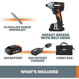 Worx POWER SHARE 20-Volt Cordless and Brushless Multi-Speed 1/4 in. Hex Impact Driver with Quick Change Chuck - Super Arbor