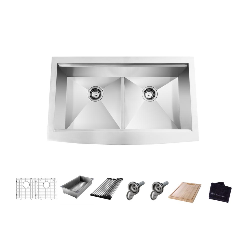 All-in-One Apron-Front Farmhouse Stainless Steel 33 in. 50/50 Double Bowl Workstation Sink with Accessory Kit - Super Arbor