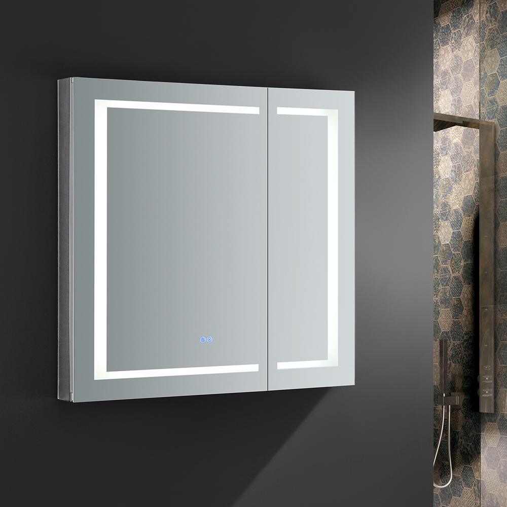 Spazio 36 in. W x 36 in. H Recessed or Surface Mount Medicine Cabinet with LED Lighting and Mirror Defogger - Super Arbor