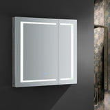 Spazio 36 in. W x 36 in. H Recessed or Surface Mount Medicine Cabinet with LED Lighting and Mirror Defogger - Super Arbor