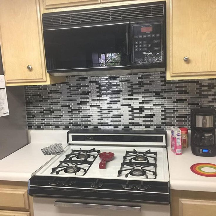 Crystiles Black, Deep Grey and Brushed Silver 12 in. x 12 in. Peel and Stick Vinyl Wall Tile Backsplash, 
