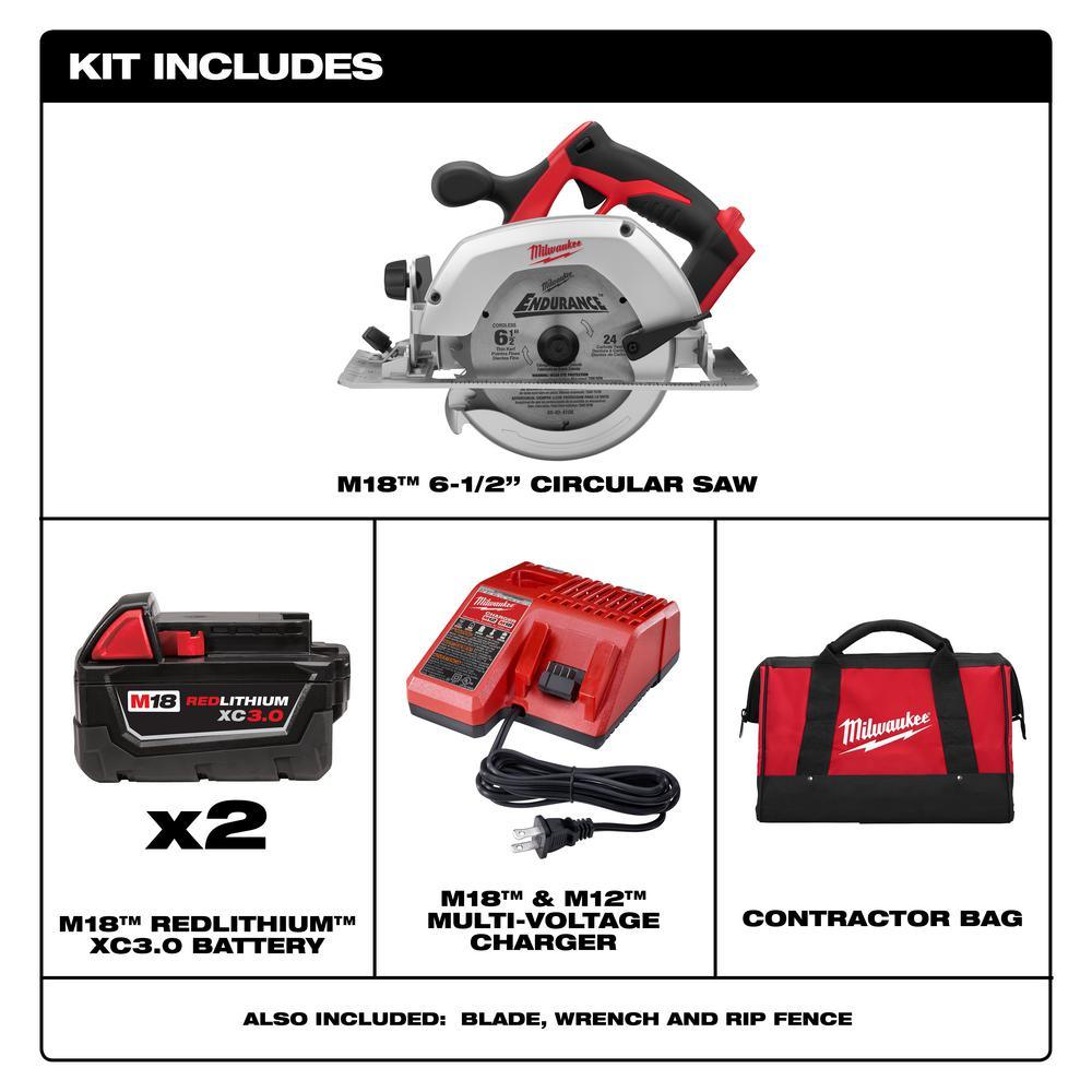 M18 18-Volt Lithium-Ion 6-1/2 in. Cordless Circular Saw Kit with Two 3.0 Ah Batteries, 24T Saw Blade, Charger, Tool Bag - Super Arbor