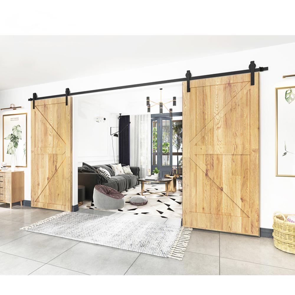 12 ft./144 in. Black Steel Sliding Barn Door Track and Hardware Kit for Double Doors with Floor Guide - Super Arbor