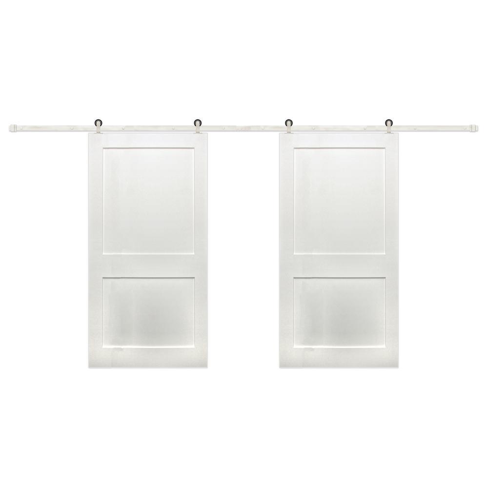 48 in. x 80 in. Bi-Part Shaker 2-Panel Solid Core Primed Pine Wood Sliding Barn Door with Bronze Hardware Kit - Super Arbor