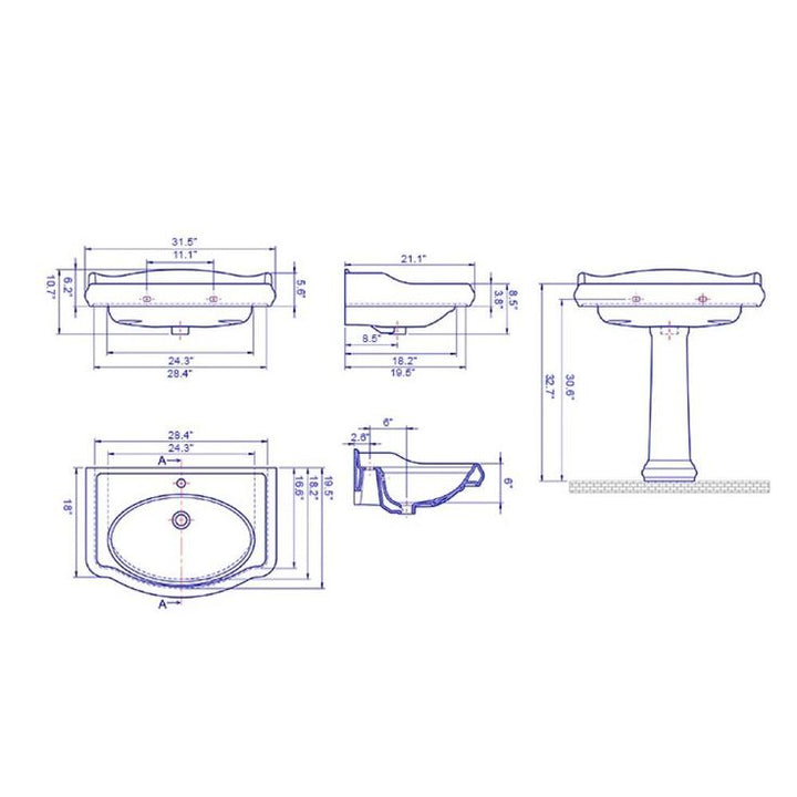 Nameeks Traditional Pedestal Sink in White with 3 Faucet Holes