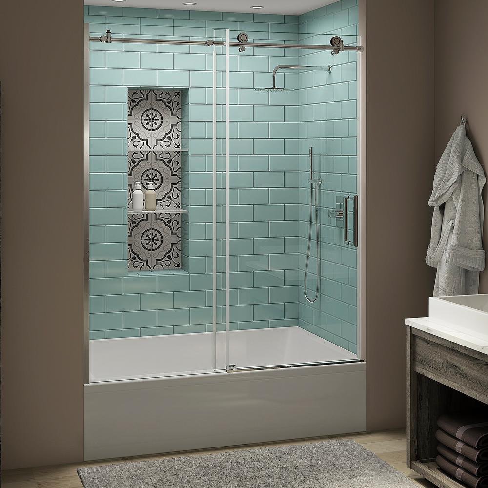 Coraline XL 56 - 60 in. x 70 in. Frameless Sliding Tub Door with StarCast Clear Glass in Stainless Steel, Left Opening - Super Arbor