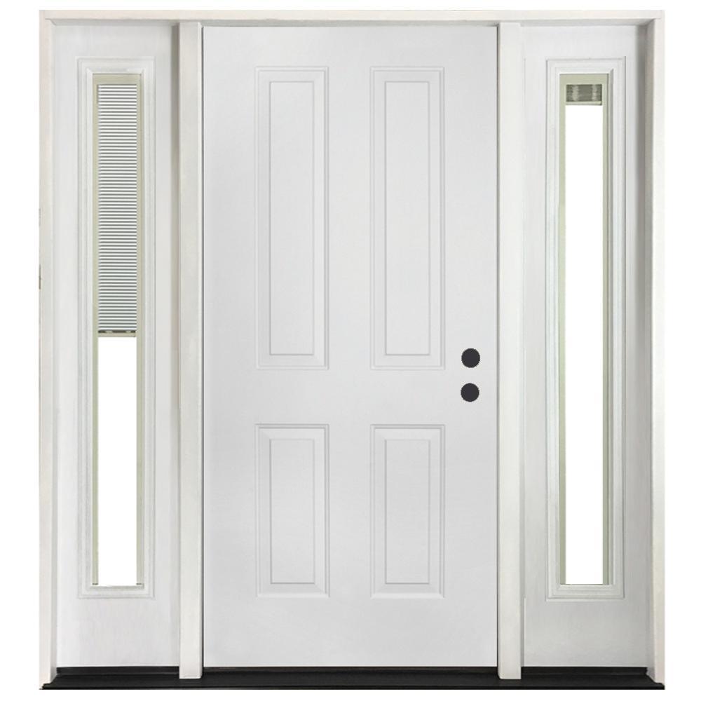 64 in. x 80 in. 4-Panel Primed White Right-Hand Steel Prehung Front Door with 12 in. Mini Blind Sidelites 4 in. Wall - Super Arbor
