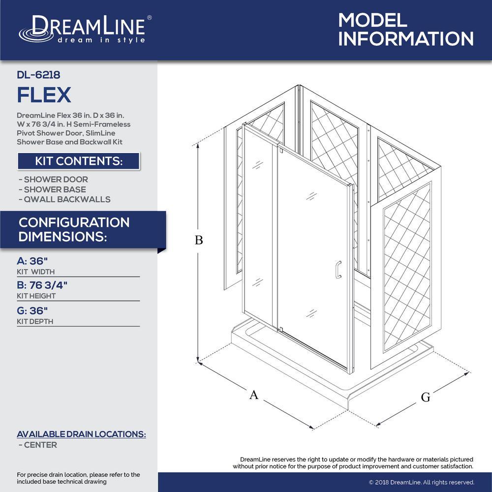 Flex 36 in. x 36 in. x 76.75 in. Pivot Shower Kit Door in Chrome with Center Drain White Acrylic Base and Back Walls Kit - Super Arbor