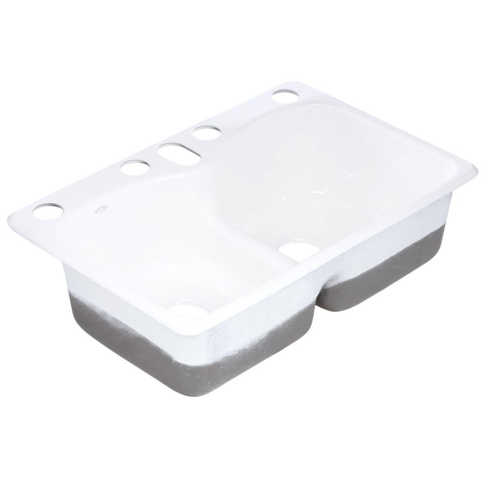 Langlade Smart Divide Undermount Cast Iron 33 in. 6-Hole Double Bowl Kitchen Sink in White - Super Arbor