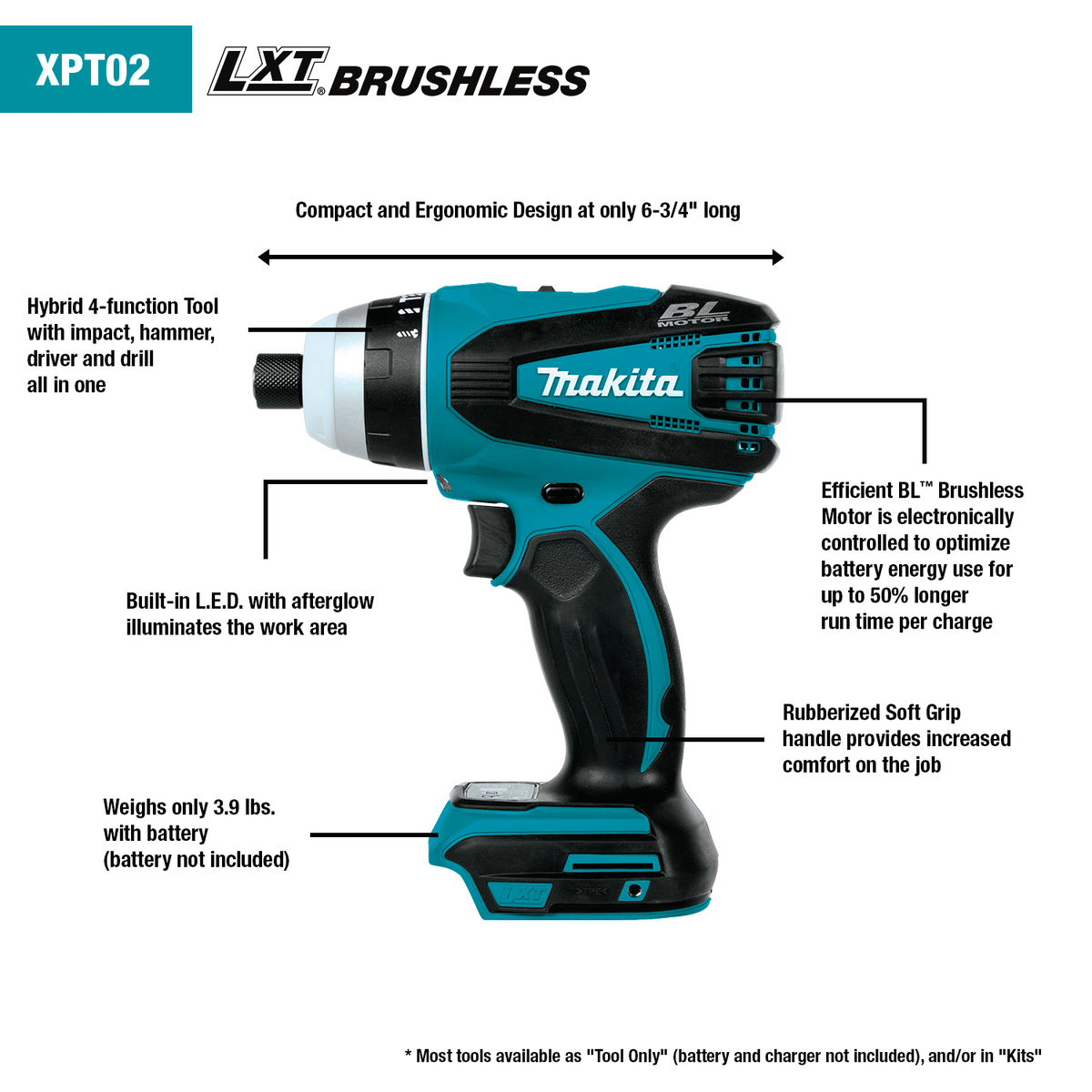 Makita 18V LXT Lithium‑Ion Brushless Cordless Hybrid 4‑Function Impact‑Hammer‑Driver‑Drill (Tool Only)