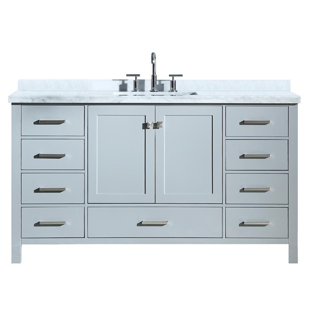Cambridge 55 in. Bath Vanity in White with Marble Vanity Top in Carrara White with White Basin - Super Arbor