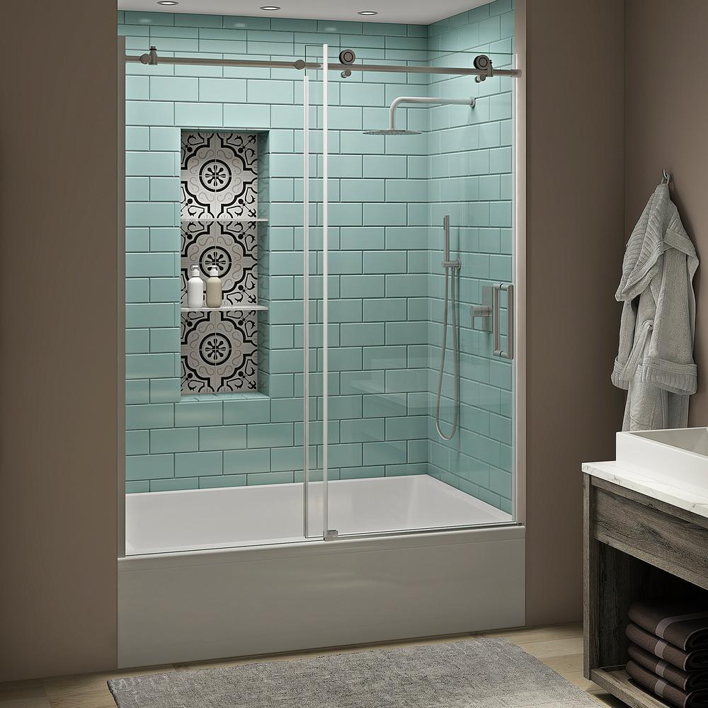 Coraline XL 56 - 60 in. x 70 in. Frameless Sliding Tub Door with StarCast Clear Glass in Stainless Steel, Left Opening - Super Arbor