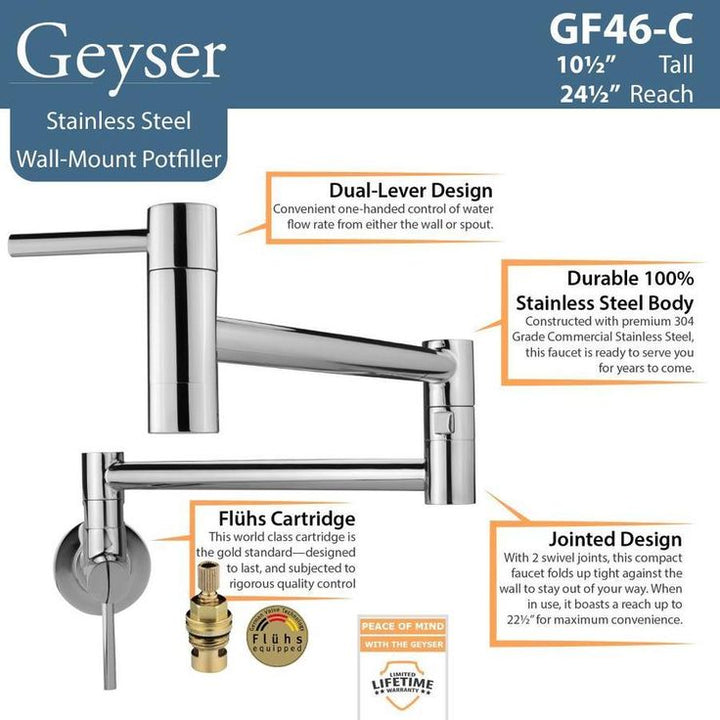 Ticor Andorra Chrome 2-Handle Wall-Mount Pot Filler Handle Kitchen Faucet