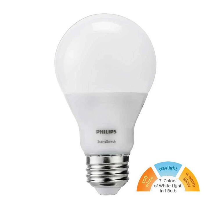 Philips 60-Watt Equivalent A19 SceneSwitch LED Light Bulb, Daylight (5000K) / Soft White (2700K) / Warm Glow (2200K)