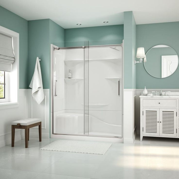 Coronado Acrylx 60 in. x 30 in. Single Threshold Left Drain Shower Kit in White with Bench with Door in Chrome