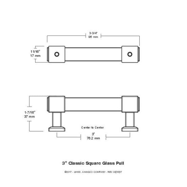 Classic Square 3 in. (76mm) Center-to-Center Classic Satin Nickel and Clear Glass Bar Drawer Pull - Super Arbor