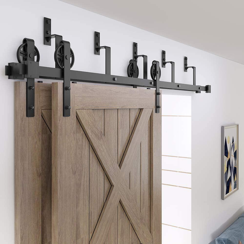11 ft./132 in. Black Sliding Bypass Barn Door Hardware Track Kit for Double Doors with Non-Routed Floor Guide - Super Arbor