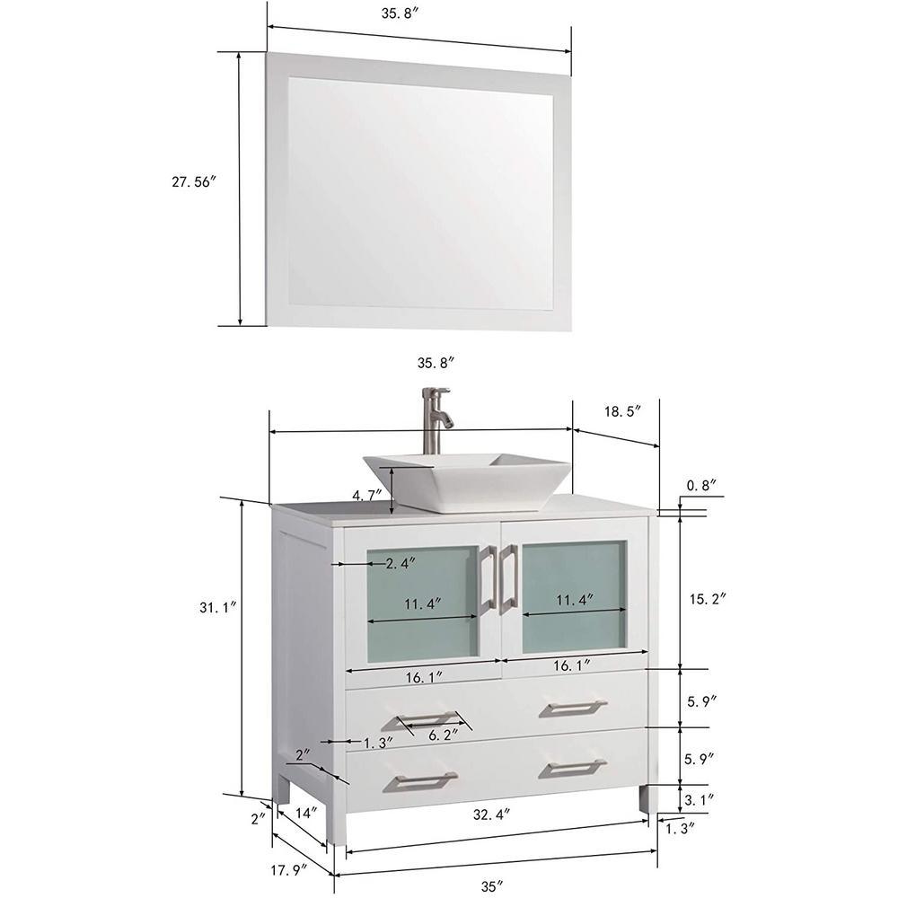 36 in. W x 18.5 in. D x 36 in. H Bathroom Vanity in White with Single Basin Vanity Top in White Ceramic and Mirror - Super Arbor