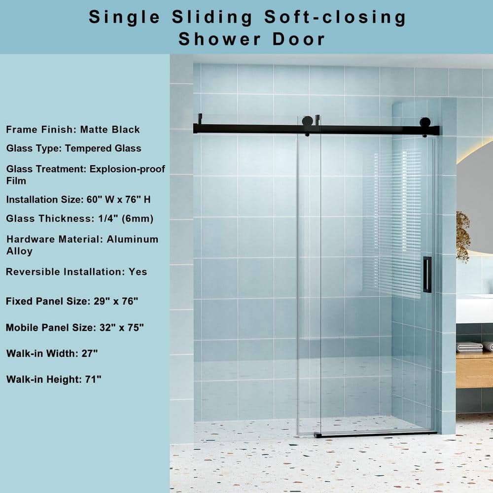 Abruzzo 60 in. W x 76 in. H Frameless Single Sliding Shower Door in Matte Black with Tempered Clear Glass