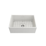 Contempo Farmhouse Apron Front Fireclay 27 in. Single Bowl Kitchen Sink with Bottom Grid and Strainer in White - Super Arbor