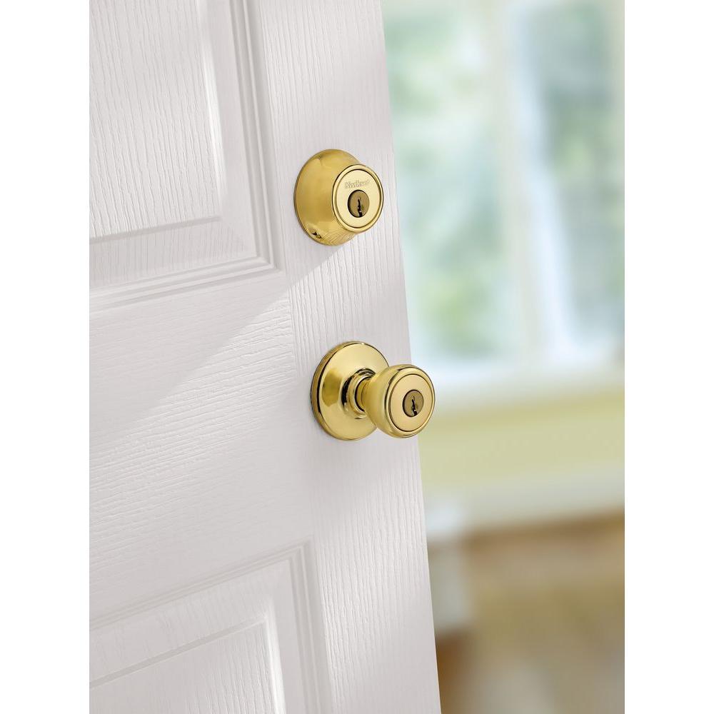 Tylo Polished Brass Entry Door Knob and Double Cylinder Deadbolt Combo Pack with Microban Antimicrobial Technology - Super Arbor