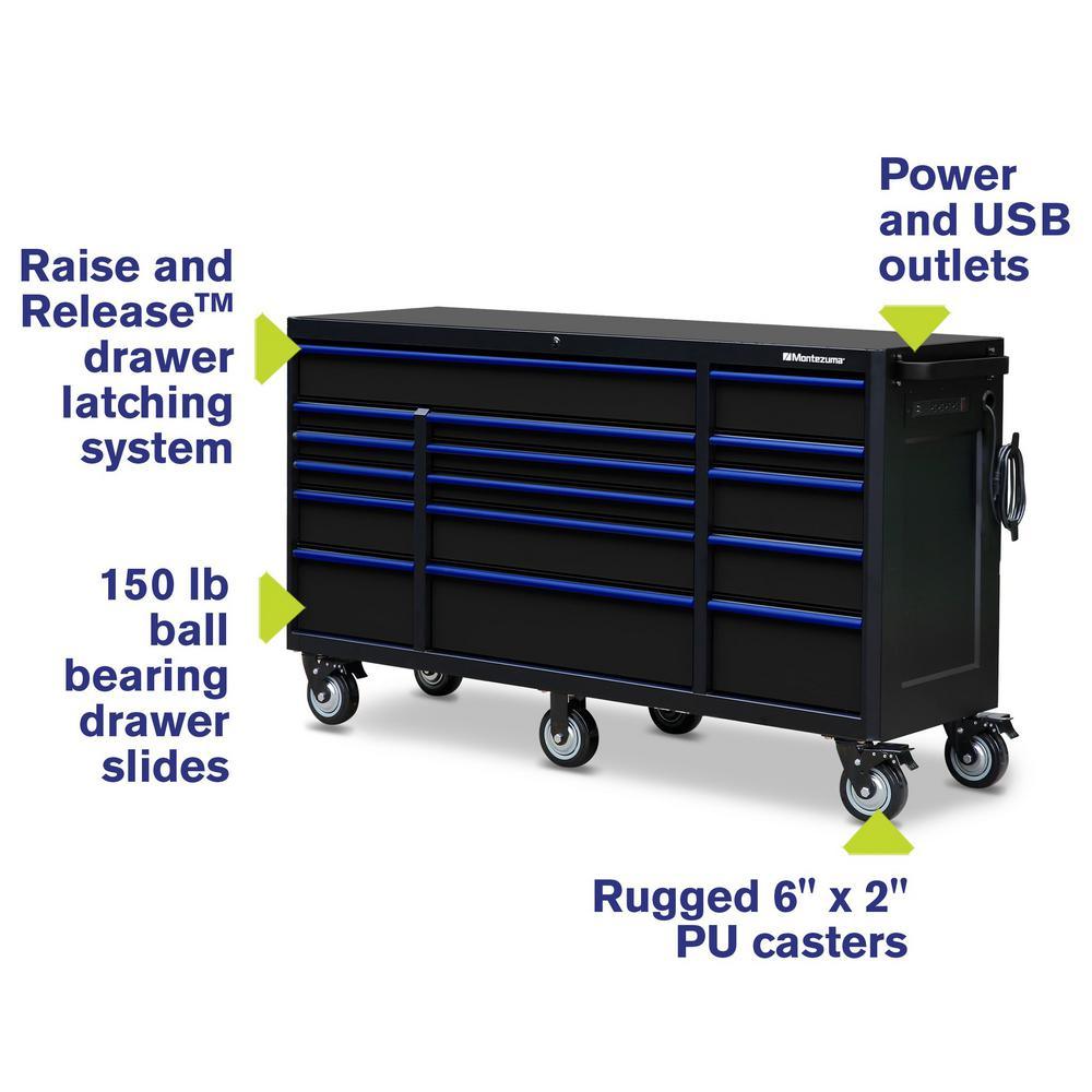 72 in. x 20 in. 16-Drawer Roller Cabinet Tool Chest with Power and USB Outlets in Black and Blue - Super Arbor