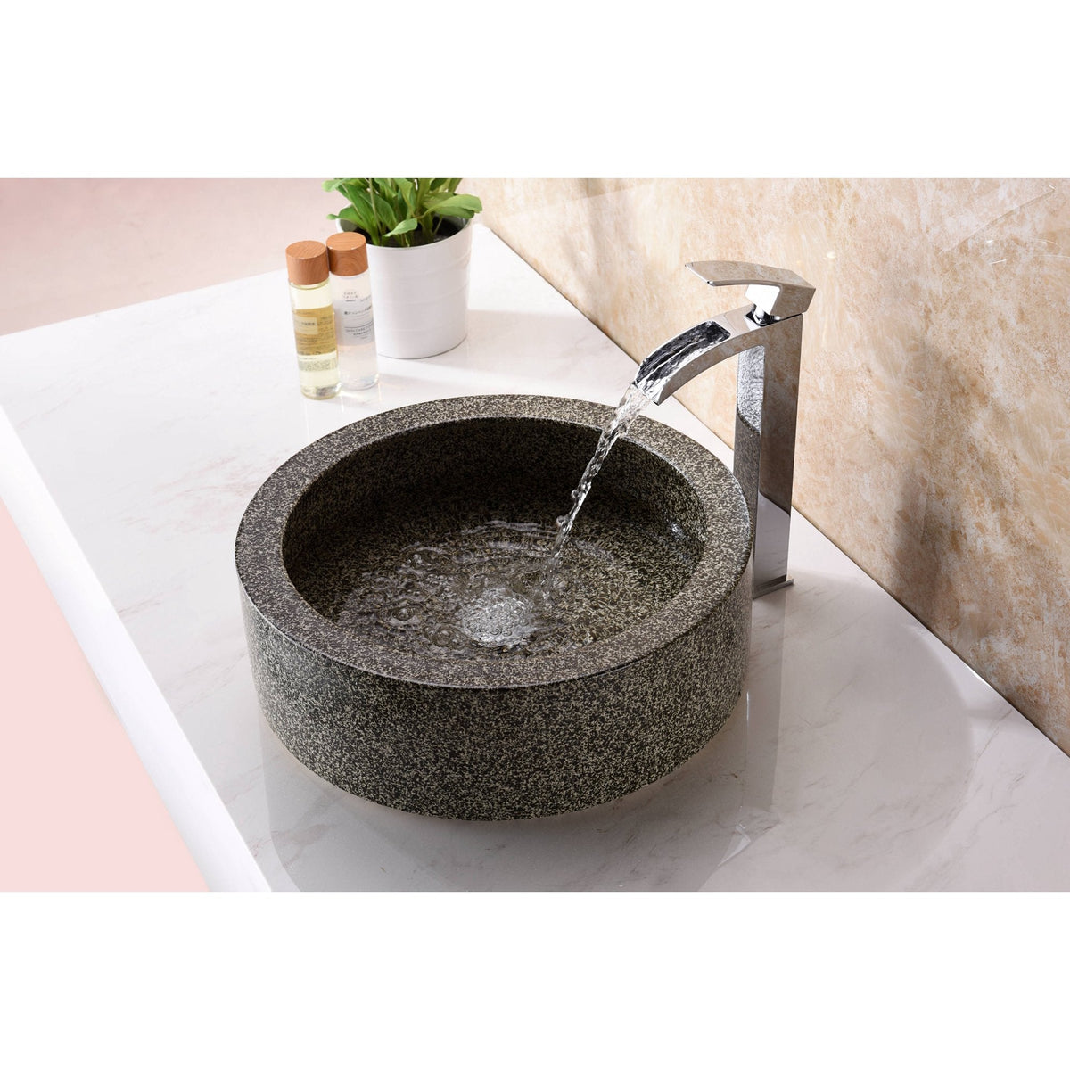 ANZZI Black Iro Round Vessel Sink, Speckled Stone, 16.5 x 5.7 in