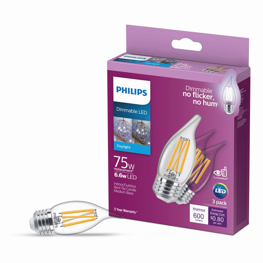 Philips 75-Watt Equivalent BA11 Dimmable Edison Glass LED Candle Light Bulb, Bent Tip, Medium Base, Daylight 5000K (6-Pack)