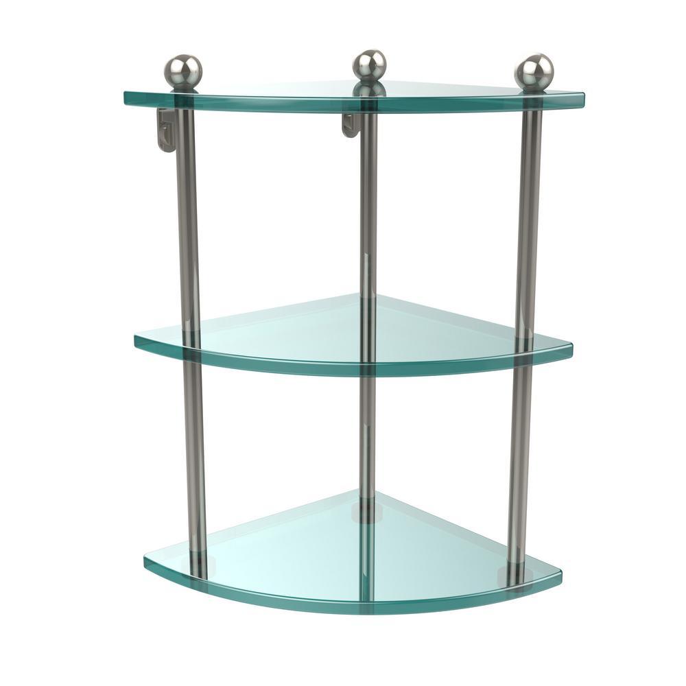 8 in. L  x 15 in. H  x 8 in. W 3-Tier Corner Clear Glass Bathroom Shelf in Satin Nickel - Super Arbor
